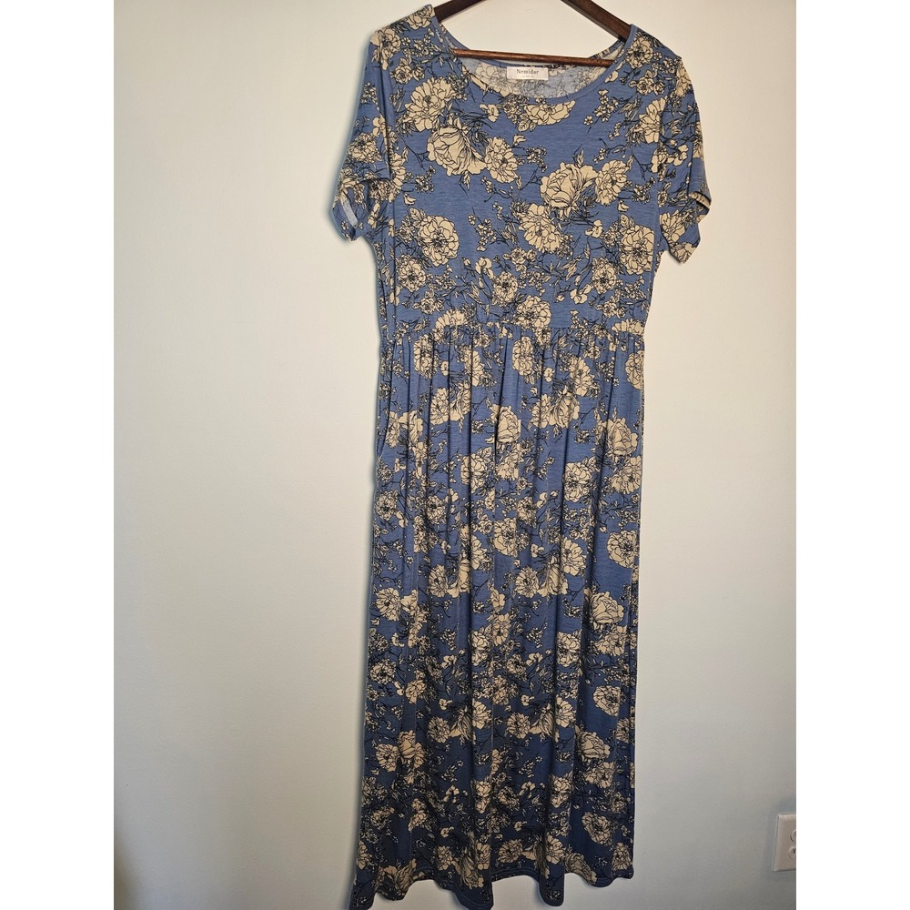 [Cottagecore]  Floral Maxi Dress Womens 1XL Blue Short Sleeve Empire Waist